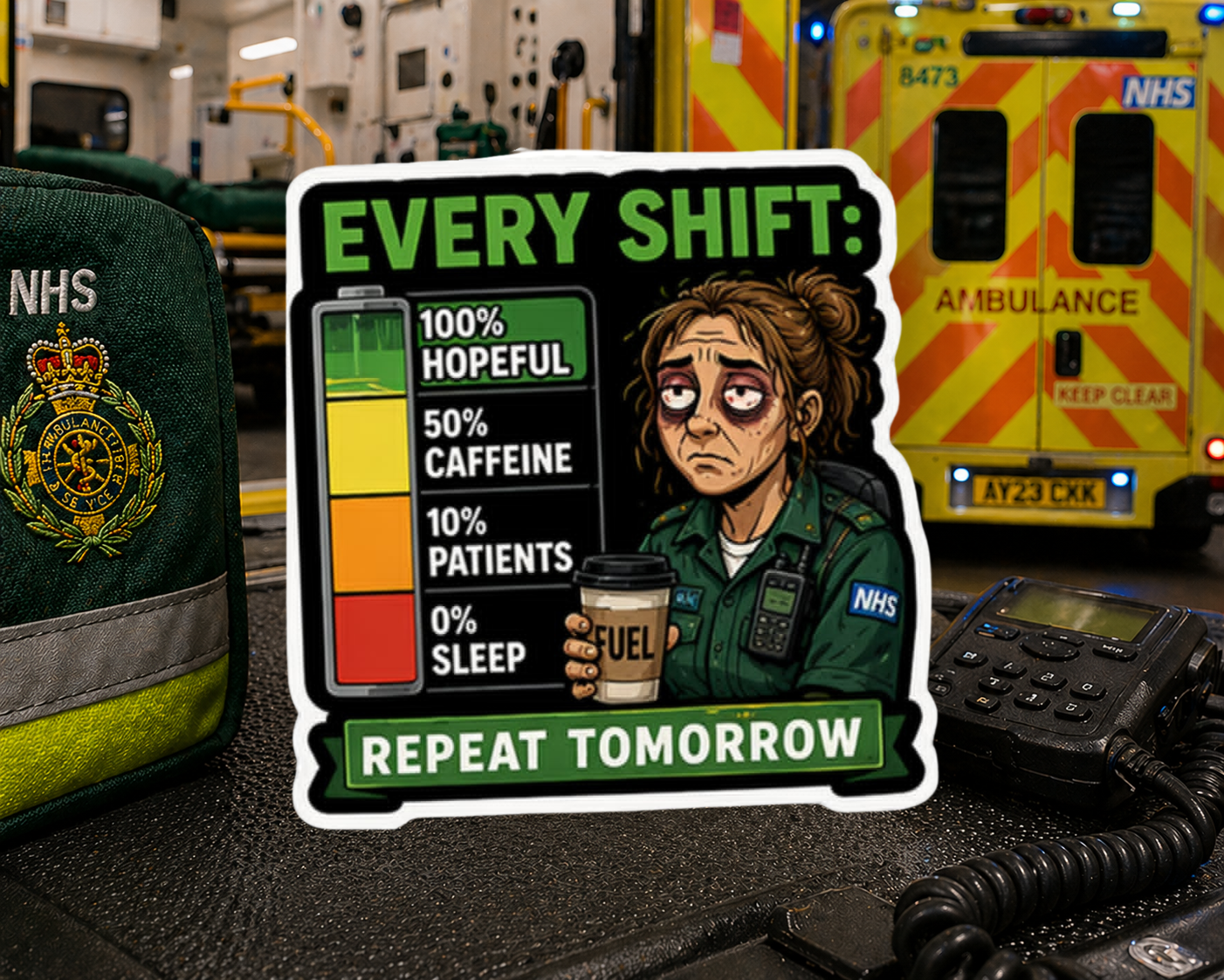 Every Shift: 100% Hopeful, 50% Caffeine, 10% Patients, 0% Sleep. Repeat Tomorrow Sticker