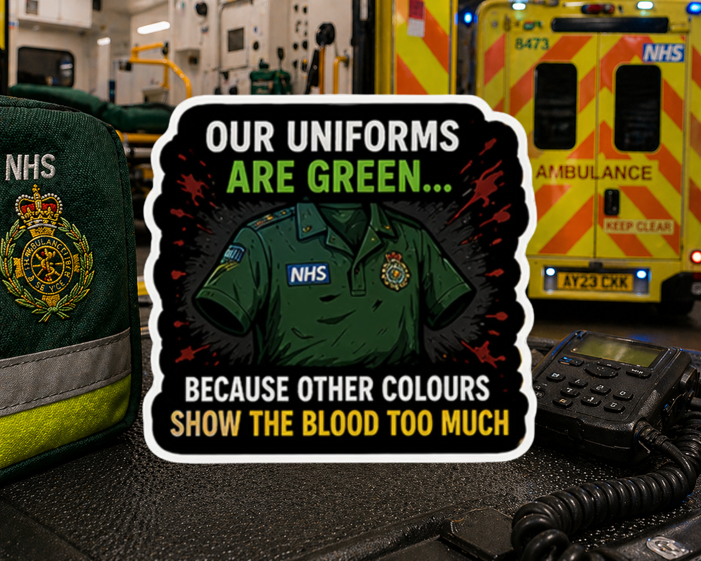 Our Uniforms Are Green... Because Other Colours Show The Blood Too Much Sticker